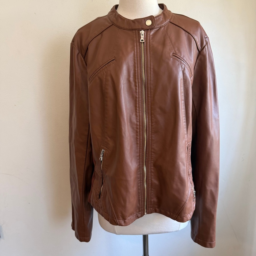 Guess‎ Womens Brown Faux Leather Moto Jacket Zip Up Knit Panels XXL RN54163